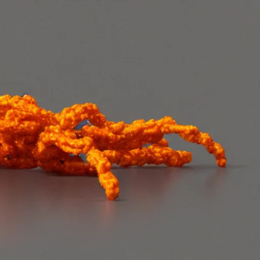 Image similar to A spider with cheetos as arms, hyperrealism, 4k