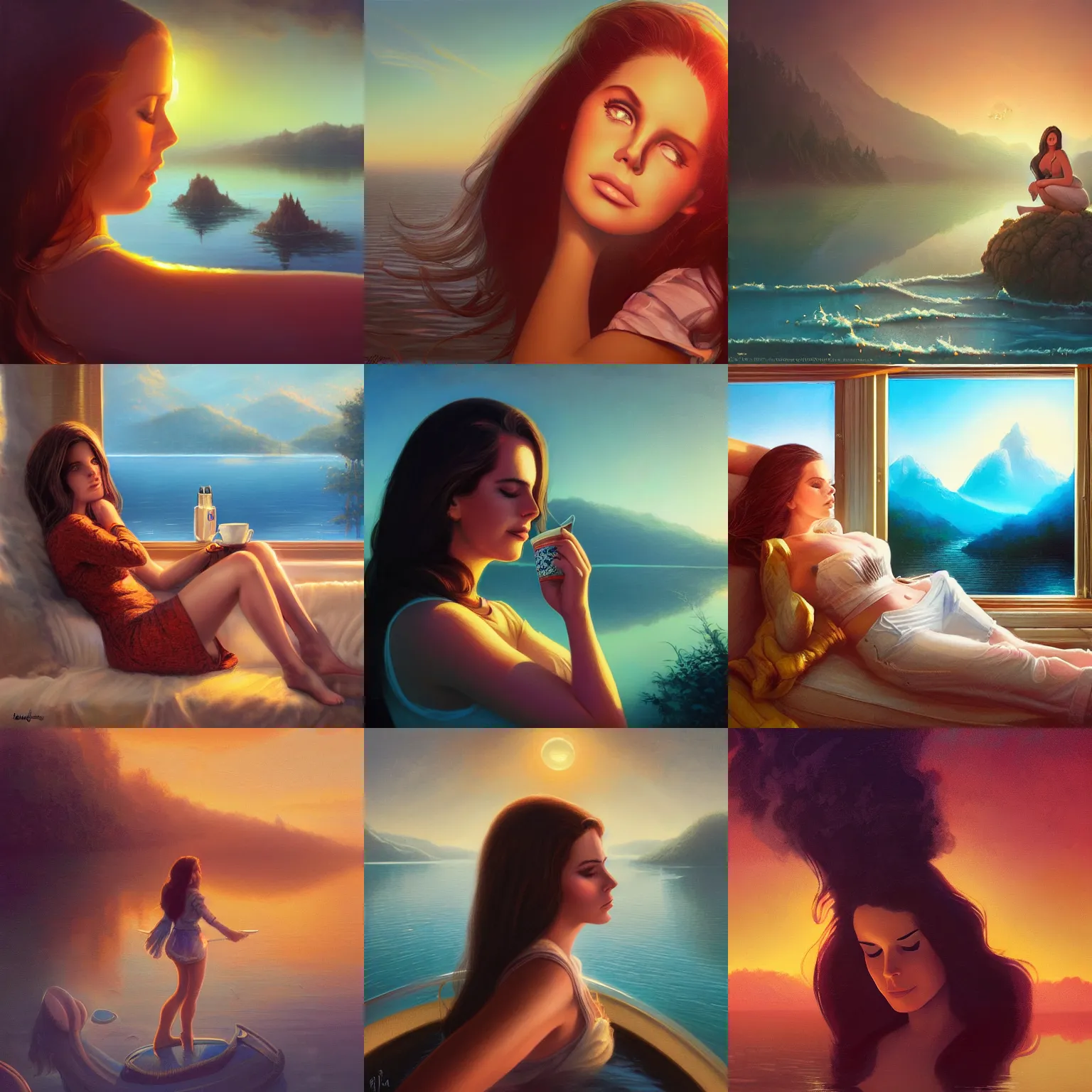 Image similar to close - up portrait of sleepy lana del rey, morning golden hour, steaming coffee, mystical lake view vista, mark brooks, ralph horsley, anton fadeev, paul lehr, rhads, alena aenami