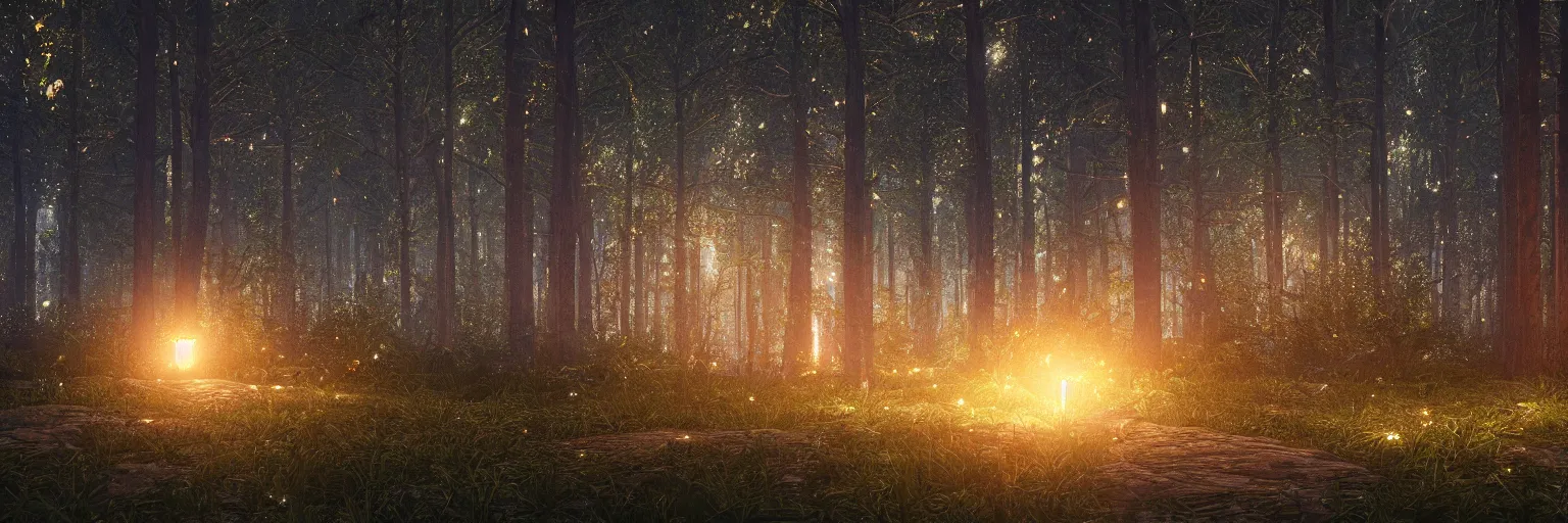 Prompt: forest at night with little bright stars on the floor, 8k, unreal engine, ultra realistic, octane render