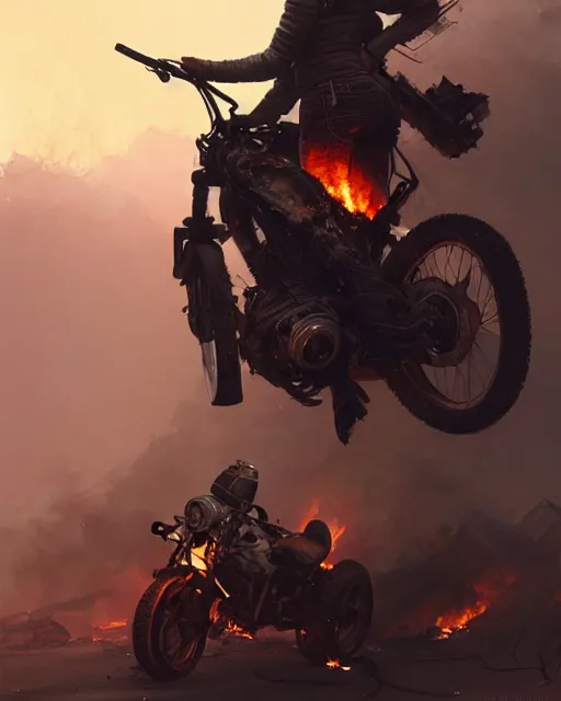 Image similar to a ultradetailed beautiful panting of post apocalyptic biker with helmet in front of crashed airplane burning, by ilya kuvshinov, greg rutkowski and makoto shinkai, trending on artstation