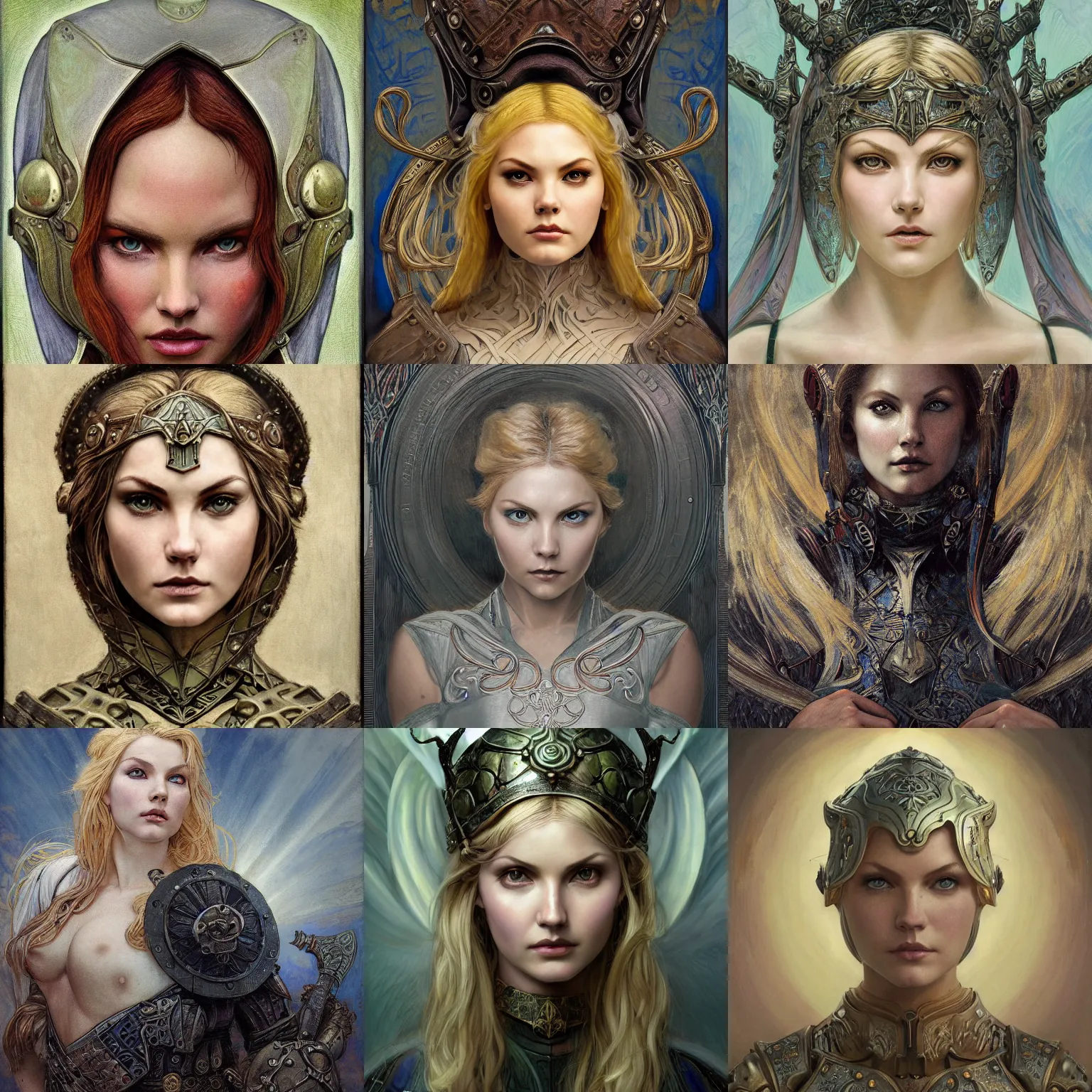 Prompt: masterpiece head-on symmetrical centered portrait, Elisha Cuthbert as a D&D warrior, medieval era, blonde hair, full steel armour, art nouveau, gothic, elegant, distant, in the style of Edgar Maxence and Ross Tran and Zdzisław Beksiński and Michael Whelan and Mucha and Gustave Doré, specular highlights, 8k, octane render