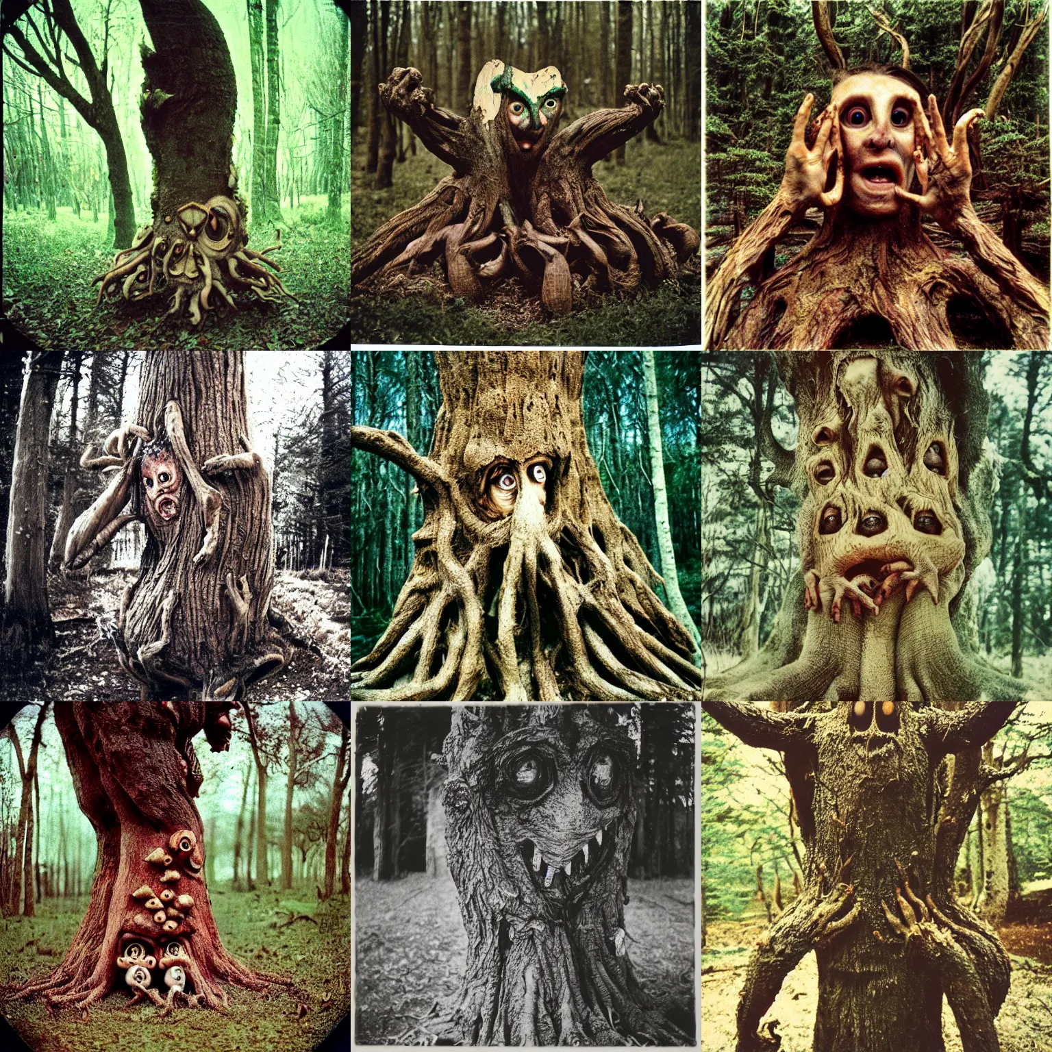 Prompt: a terrifying tree monster with distorted faces made of bark gorging itself on mushrooms, lovecratftian horror, pans labyrinth, shot on expired instamatic film
