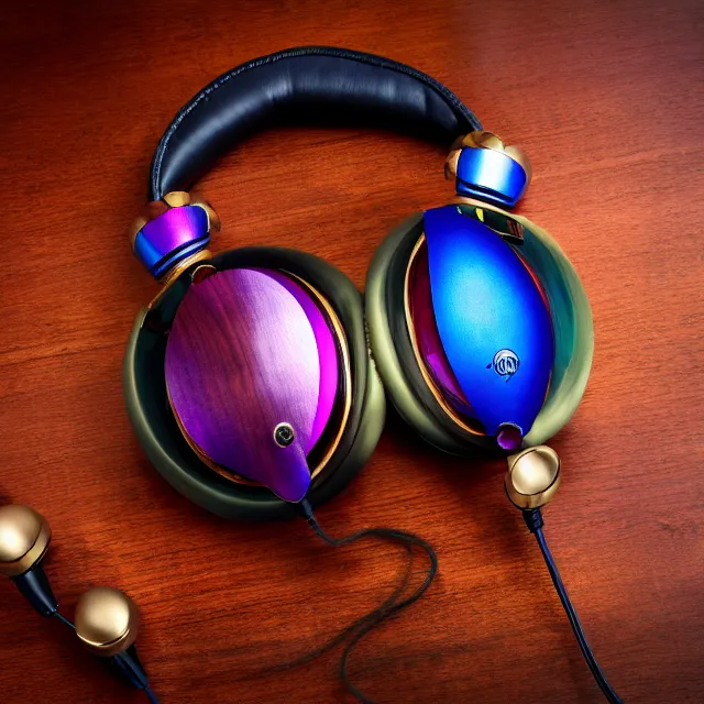 Prompt: masterpiece photo of beautiful hand crafted artistic exquisite metal headphones, bismuth rainbow metal, bismuth cups, plush leather pads, displayed on mahogany desk, modernist headphones, bismuth beautiful well designed, hyperrealistic, audiophile, intricate hyper detail, extreme high quality, photographic, audeze, sennheiser, bang olufsen, abyssal