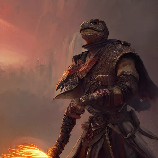 Prompt: turtle warrior with firesword, handsome, portrait, intricate, detailed, volumetric lighting, scenery, digital painting, highly detailed, artstation, sharp focus, illustration, concept art, ruan jia, steve mccurry