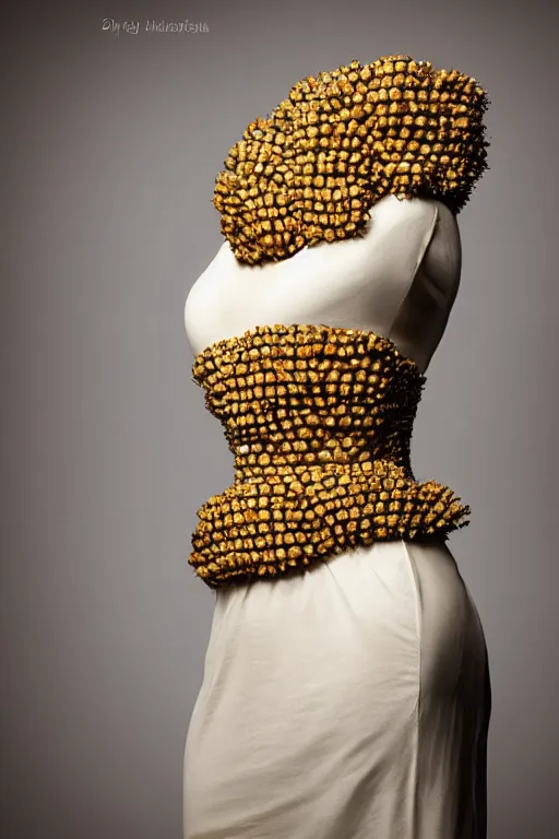 Image similar to A beautiful dress made of a bee hive, on a mannequin. High resolution, studio lighting