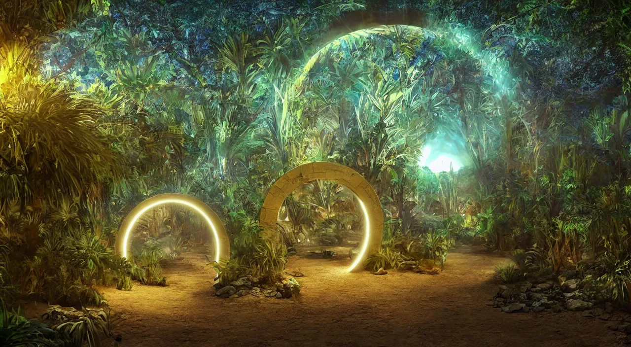 Image similar to a luminous circular stargate in the desert through which an ancient jungle is visible in the style of midjourney