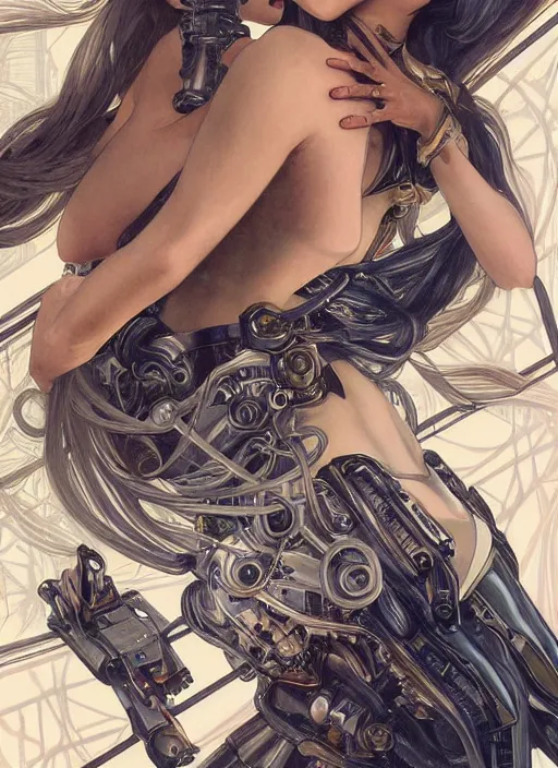 Prompt: android girl opening her back paneling to let her heatsinks flush out while another toned girl does repairs on the robot girl's key components, beautiful detailed eyes, fantasy, intricate, elegant, highly detailed, digital painting, 4 k, hdr, concept art, smooth, sharp focus, illustration, art by artgerm, h r giger and alphonse mucha