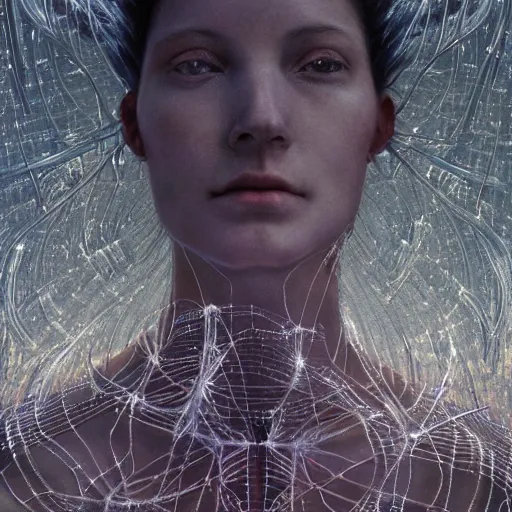 Image similar to Woman, spiky ice crystals on skin, 150mm, shiny, flat background, glowing, wires everywhere, by Edgar Maxence and Ross Tran, Zdzisław Beksiński, and Michael Whelan, distant, gustav dore, H.R. Giger, 8k, octane render