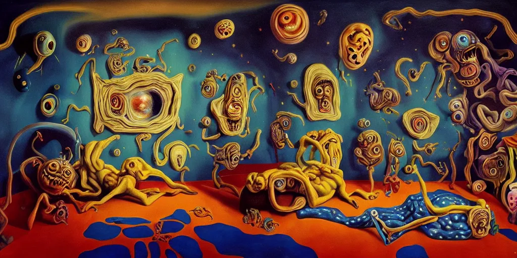 Prompt: a cosmic horror monstrosity inside of a childs bedroom, painting in the style of salvador dali, extremely detailed, disturbing, cinematic, 4 k, 8 k,