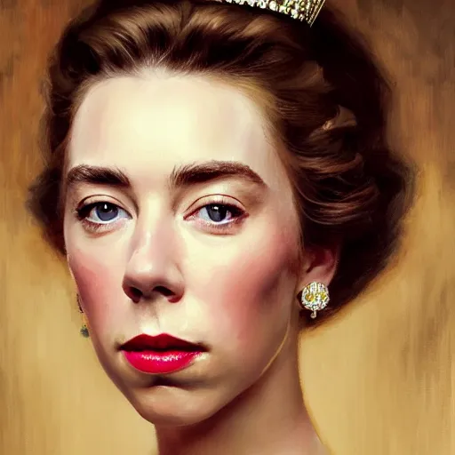 Image similar to vanessa kirby as princess margaret, a beautiful closeup oil painting smooth face, wet lips, perfect eyes, insanely detailed, elegant, by wlop, livia prima, mucha,