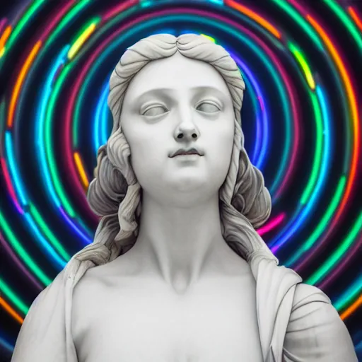 Image similar to a renaissance statue surrounded by a neon ring 3 d render, black background, ray tracing, 8 k resolution, shar focus, hyper detailed, hyper realistic