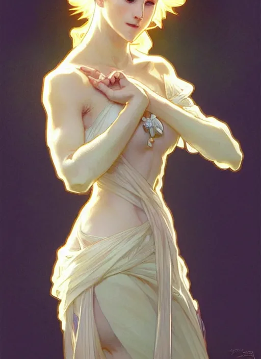 Image similar to digital character concept art by artgerm and greg rutkowski and alphonse mucha. clear portrait of a shy modern wife blessed by god to grow immaculately fertile and perfect!! blonde, in clothes! holy body! light effect. hyper detailed, glowing lights!! intricate, elegant, digital painting, artstation, smooth, sharp focus