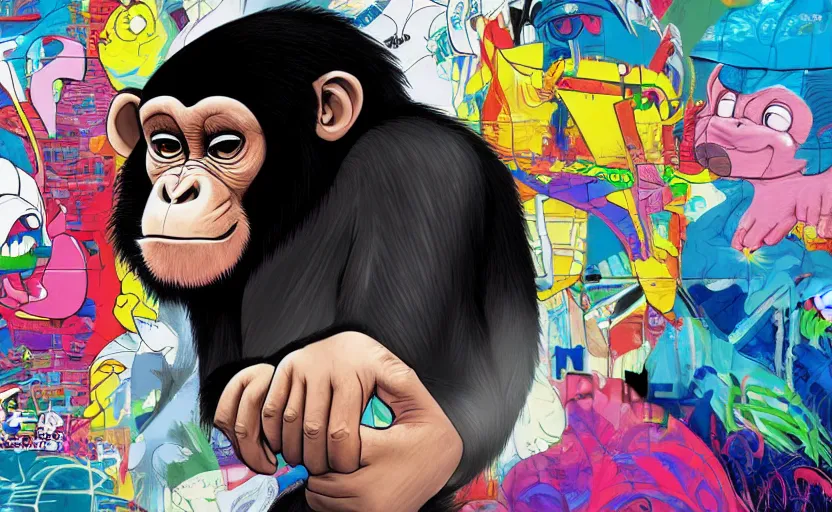 Prompt: a chimpanzee graffiti artist, digital painting masterpiece, painted by joji morikawa, by osamu tezuka, by yukito kishiro, by ikuto yamashita, 4 k wallpaper, beautiful, gorgeous