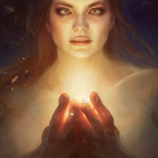 Prompt: A woman holding!!!!! Earth in her palms, enchanting it with a spell, illustrated by Greg Rutkowski and Gaston Bussiere, vividly radiantly beautiful lighting, closeup!!!!!, portrait imagery!!!!!, dazzling dappled lighting, subsurface scattering, light refractions, trending on artstation, 4k, 8k!!!!!