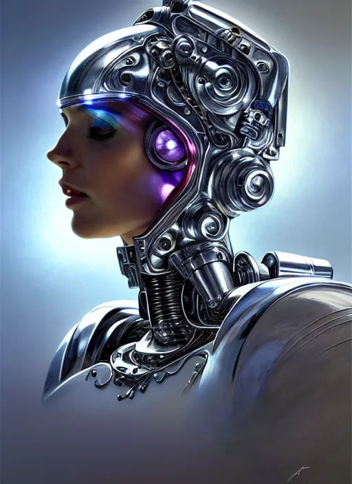 Image similar to futuristic chrome cyborg, part motorcycle, diffuse lighting, fantasy, intricate, elegant, highly detailed, lifelike, photorealistic, digital painting, artstation, illustration, concept art, smooth, sharp focus, art by John Collier and Albert Aublet and James jean and Brian froud and ross tran and Artem Demura and Alphonse Mucha