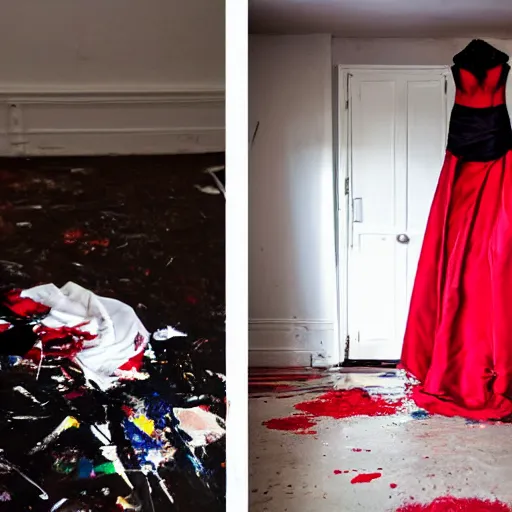 Image similar to a messy painting of a bedroom floor with a wedding dress discarded in a heap and a suit on the floor. Red, black and white Color scheme.