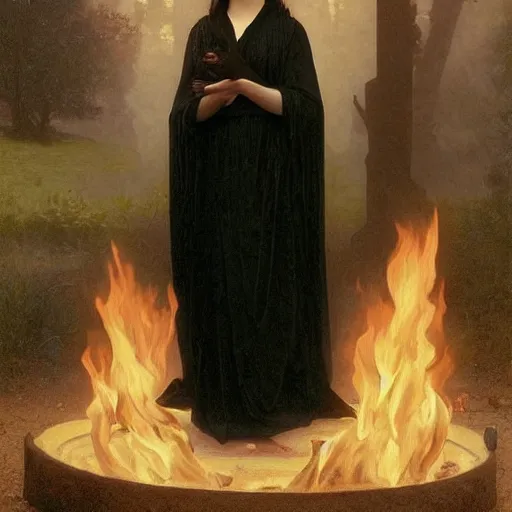 Image similar to Elle Fanning in a black cultist robe by the fire. Art by william adolphe bouguereau. Extremely detailed. Beautiful. 4K. Award winning.