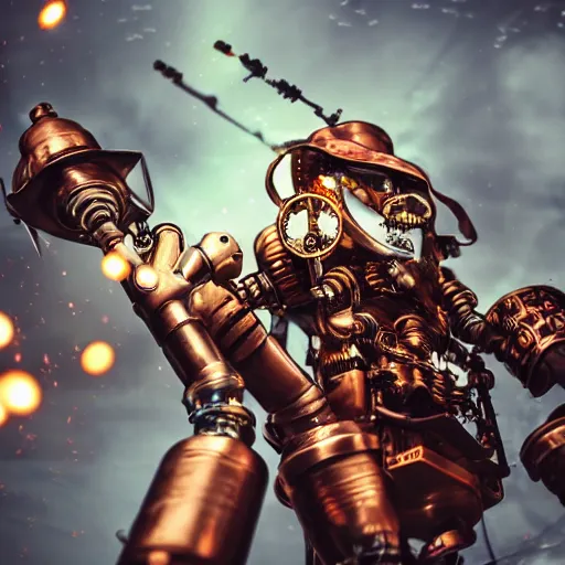 Image similar to a steampunk robotic angel with gun arms shooting, intense, extremely detailed, anime, sparks, clouds, sky, beautiful, sunny, copper, pipes, rusty, metal, cinematic lighting, sharp focus,