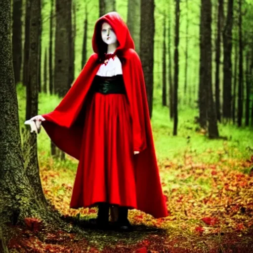 Prompt: photo of a real-life beautiful red riding hood warrior