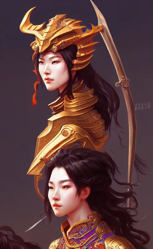 Prompt: portrait hero action pose of western female knights, chinese dragon concept art at ancient temple, highly detailed, digital painting, artstation, sharp focus, illustration, art by tan zi and ayanamikodon and alphonse mucha and wlop