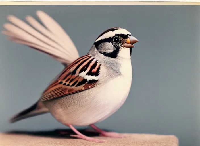 Image similar to realistic photo of a sparrow dressed in a fur coat, made of white clay 1 9 6 0, life magazine photo, natural colors, metropolitan museum, kodak