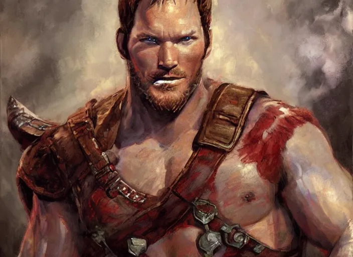 Image similar to a highly detailed beautiful portrait of chris pratt as kratos, by gregory manchess, james gurney, james jean