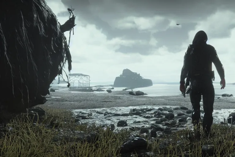 Prompt: a screenshot of p. t. ( ps 4 2 0 1 4 ), a screenshot of death stranding ( ps 4 2 0 1 9 )