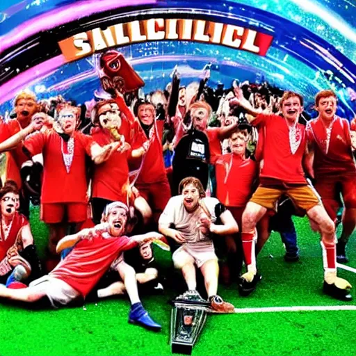 Prompt: Photograph of Humans celebrate after defeating a team of Aliens in the final of the Intergalactic Football Cup Final, sci-fi, unique, award winning photograph, detailed