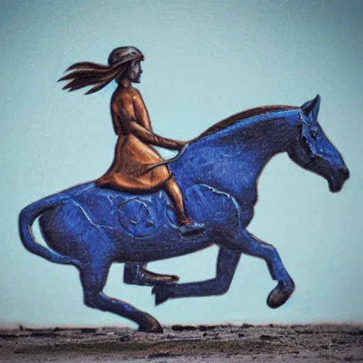Prompt: a blue brain riding a horse