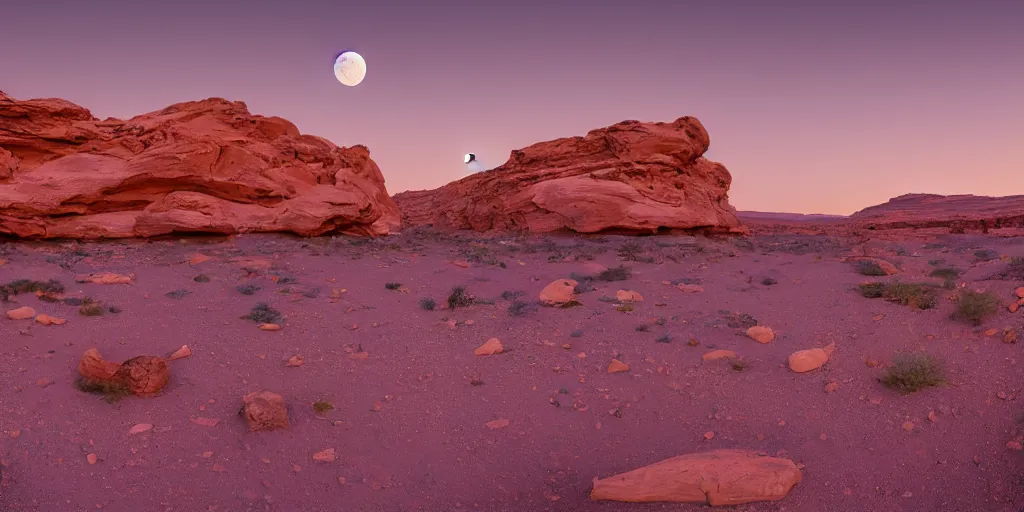 Image similar to a view looking out of a cave of a dried up river bend running through a canyon surrounded by desert mountains at sunset on mars, purple sky, two moons, planet mars, moab, utah, a tilt shift photo by frederic church, trending on unsplash, hudson river school, photo taken with provia, national geographic photo