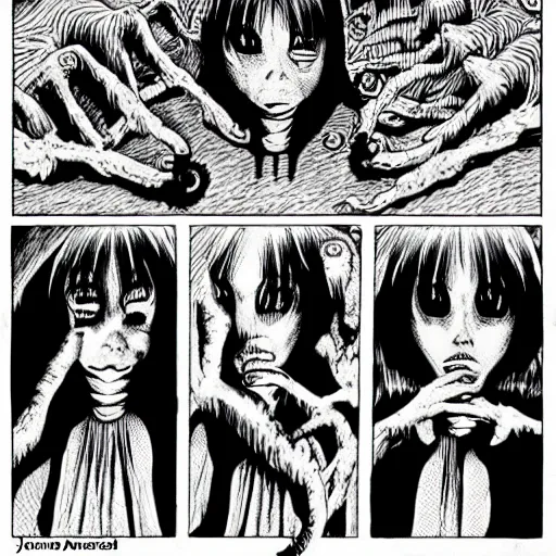 Prompt: Monsters scaring bystanders by Junji Ito.