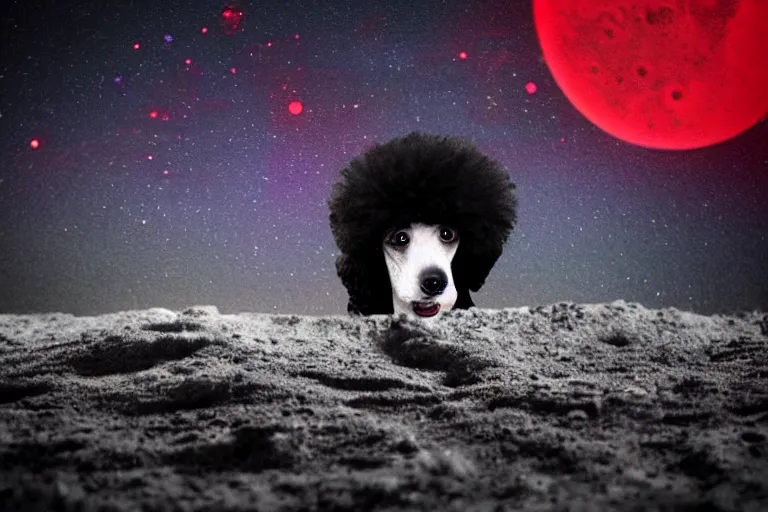 Prompt: a parti poodle with black and white fur laying down on mars. distant background, red lighting, digital art, acrylic, colorful, ominous, bleak, moonlight, bokeh, depth of field, synthwave, psychedelic, glitch, acrylic, flooko, detailed, cybernetic, sci-fi, glows,