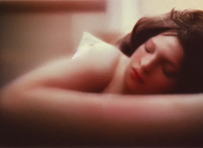 Image similar to close-up color film photography 1970s, sleeping woman, soft focus, golden hour, soft light, 35mm, film photo, nan goldin