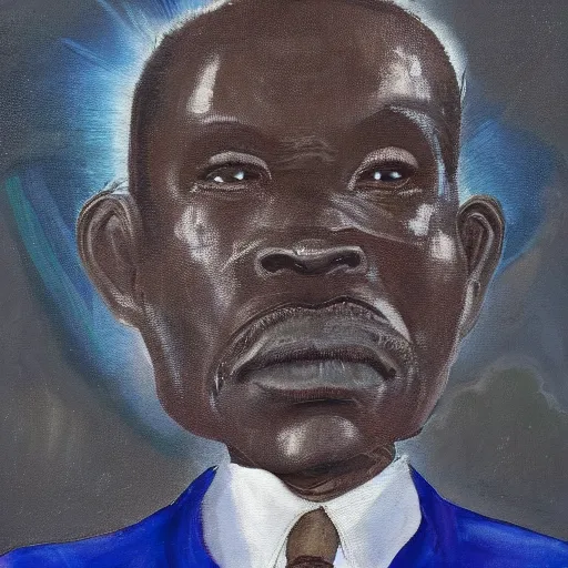 Prompt: a painting of a fatherly wide forehead, round face, XXL , loving, caring, generous, ever-present, humble, wise elder from Kenya in a suit by Wangechi Mutu . Fatherly/daddy, focused, loving, leader, relaxed. Blue background, heavenly lights, details, smooth, sharp focus, illustration, realistic, cinematic, artstation, award winning, rgb , unreal engine, octane render, cinematic light, macro, depth of field, blur, red light and clouds from the back, highly detailed epic cinematic concept art CG render made in Maya, Blender and Photoshop, octane render, excellent composition, dynamic dramatic cinematic lighting, aesthetic, very inspirational, arthouse.