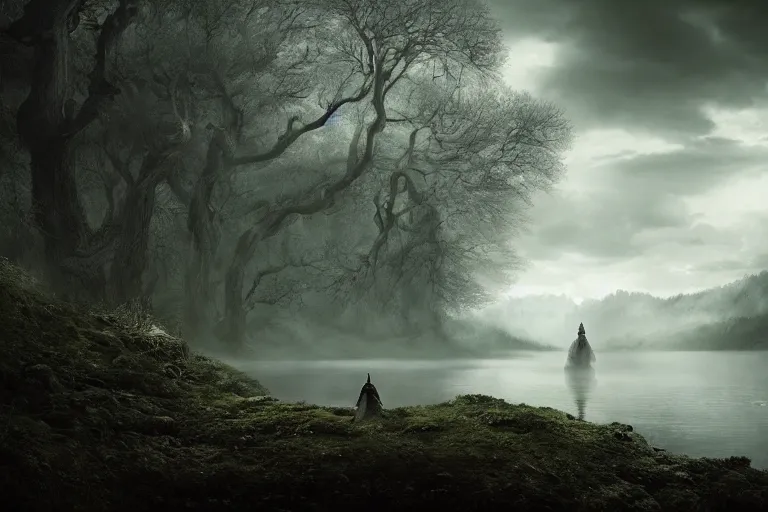 Image similar to an ultra realistic, cinematic headshot portrait, of an evil wizard, background of a vast serene landscape, with trees and rivers, detailed, deep focus, movie still, dramatic lighting, ray tracing, by michal karcz and yoshitaka amano