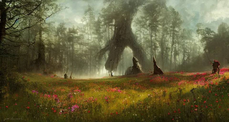 Image similar to Enchanted and magic forest full of wild flowers, space ship landing by JAKUB ROZALSKI