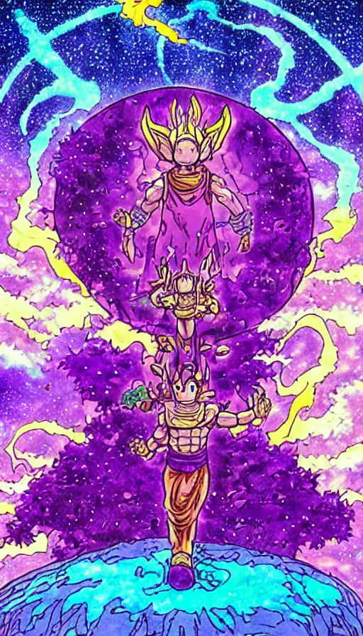 Image similar to a future scifi ancient god on the middle of a purple forest holding a portal that's about to explode, illustration, art by Akira Toriyama