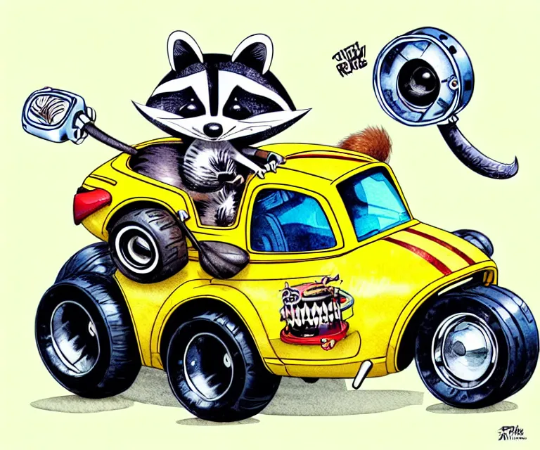 Prompt: cute and funny, racoon wearing a helmet riding in a tiny hot rod with oversized engine, ratfink style by ed roth, centered award winning watercolor pen illustration, isometric illustration by chihiro iwasaki, edited by olga shvartsur, tiny details by artgerm, symmetrically isometrically centered