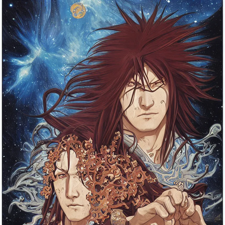 Prompt: portrait of Madara Uchiha!, by Jeff Easley and Peter Elson + beautiful eyes, beautiful face + symmetry face + border and embellishments inspiried by alphonse mucha, fractals in the background, galaxy + baroque, gothic, surreal + highly detailed, intricate complexity, epic composition, magical atmosphere + masterpiece, award winning + trending on artstation