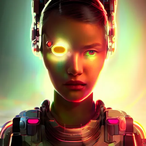 Image similar to A Stunning portrait of cyborg teen girl, art by Ross tran, vivid color palette, digital painting, 3D, octane render, post process in Photoshop, highly detailed, particles, light effect, volumetric lighting