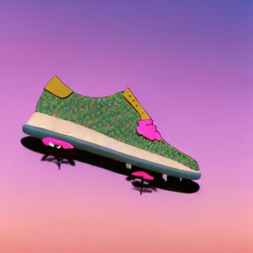 Prompt: a photoshoot for a new golf le fleur shoe designed by travis scott, 8 k concept art, golden hour, vintage, pink skies, cloudy, dreamy, extremely detailed