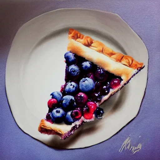 Image similar to Colored pencil art on paper, Blueberry pie slice on a plate, highly detailed, artstation, MasterPiece, Award-Winning, Caran d'Ache Luminance