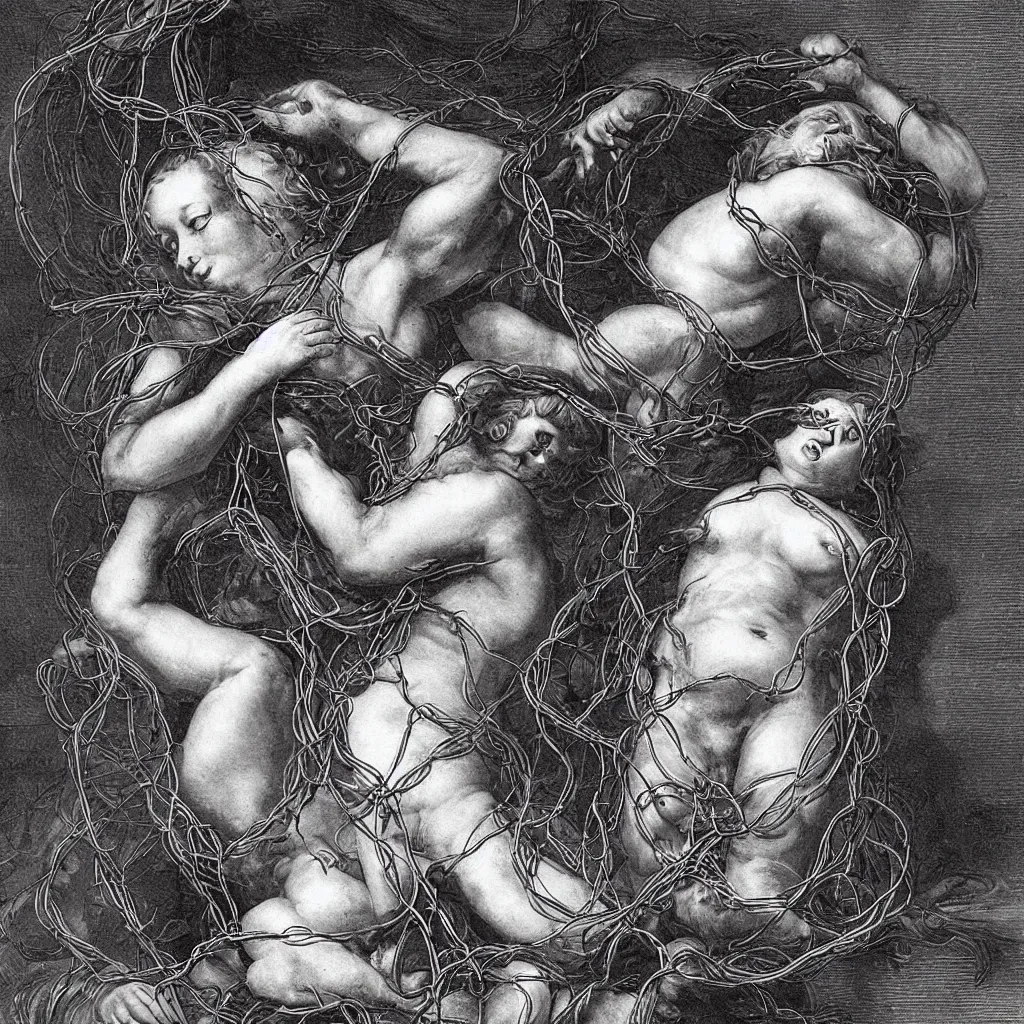 Image similar to a woman entangled in the thick black cables in the style of the laocoon of the vatican