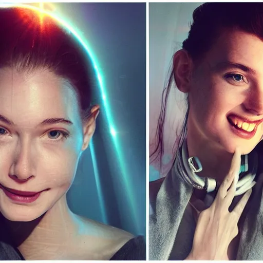 Prompt: sci - fi, morning, smiling fashion model face sun craigslist ads, cinematic, clouds, sun rays, vogue cover style