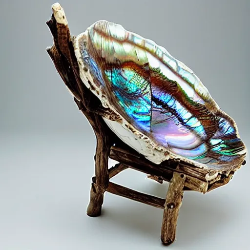 Image similar to “beach chair made of large abalone shell, driftwood, 35 mm product photo”