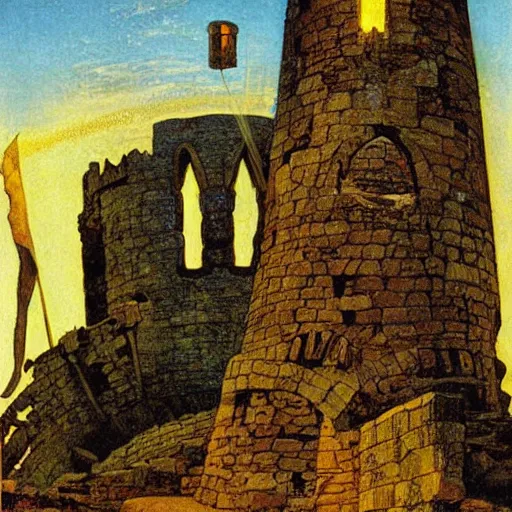 Prompt: a medieval tower exploding and crumbling, the tower tarot card, larry elmore, nc wyeth