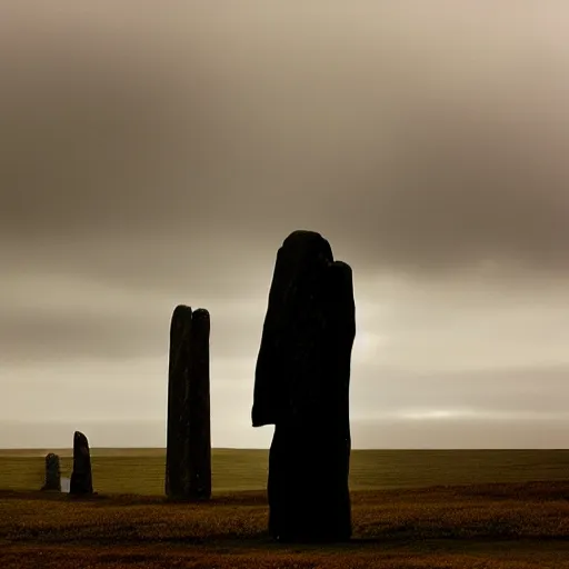 Prompt: 'The grim reaper stands large in front of neolithic standing stones of stenness, haunting, fog, grainy, snow, atmospheric clouds'