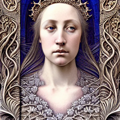 Image similar to detailed realistic beautiful young medieval queen face portrait by jean delville, gustave dore, iris van herpen and marco mazzoni, art forms of nature by ernst haeckel, art nouveau, symbolist, visionary, gothic, neo - gothic, pre - raphaelite, fractal lace, ai biodiversity, surreality, intricate hyper detailed ultra sharp octane render