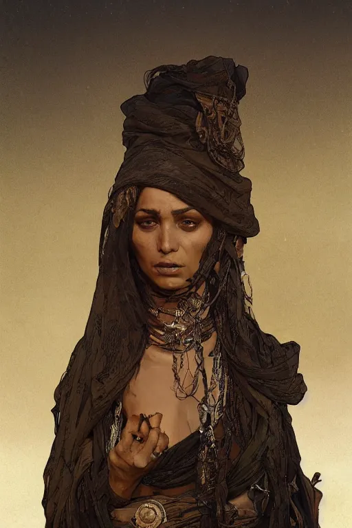 Image similar to a full body portrait of a beautiful post apocalyptic offworld desert bedouin blind beggar by the city gates, intricate, elegant, highly detailed, digital painting, artstation, concept art, smooth, sharp focus, illustration, art by krenz cushart and artem demura and alphonse mucha