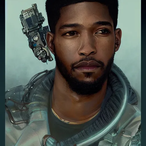 Image similar to scifi character portrait of Kid Cudi, dystopian mood, intricate, wild, highly detailed, digital painting, artstation, concept art, smooth, sharp focus, illustration, art by artgerm and greg rutkowski and alphonse mucha